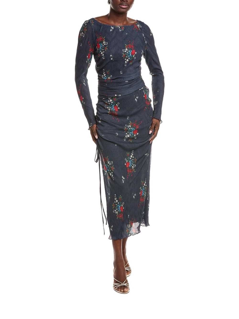 Free People 2 Piece Navy Floral Ruched Long-Sleeve Midi Top And Skirt